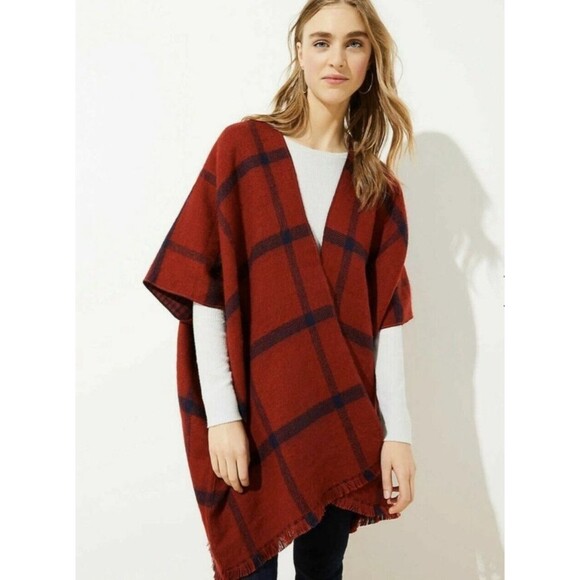 Ann Taylor LOFT Poncho Womens XS/S Red Navy Plaid Reversible Open Front Sweater - Picture 2 of 6